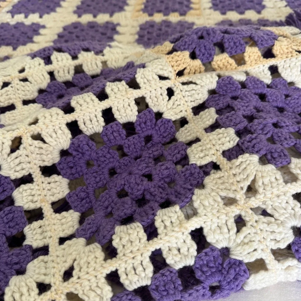 Vintage Handmade Crochet Granny Square Blanket Purple Cream Tassel Fringe King